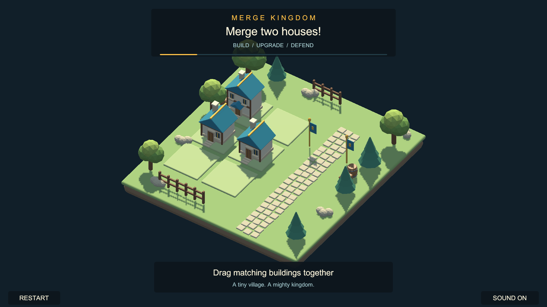 Actual Unity capture of Merge Kingdom, showing an isometric village with blue-roofed houses